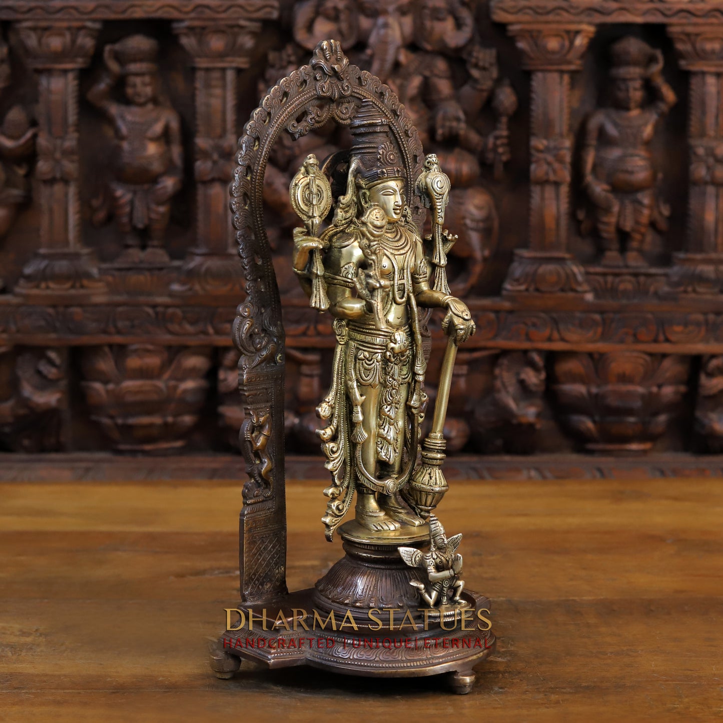 Brass Lakshmi with Shree Garuda at the Pedestal, Golden & Copper Finish, 16"