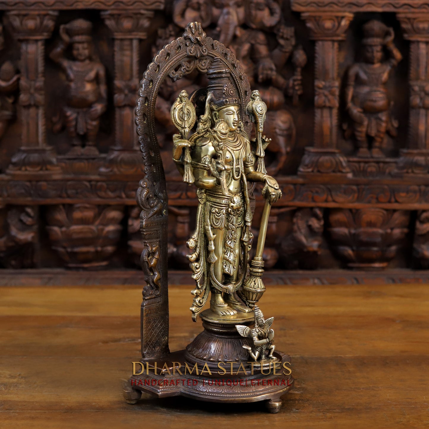 Brass Vishnu and Lakshmi Standing in Frame with Elephants & Garuda at the Pedestal, Copper and Gold, 16"