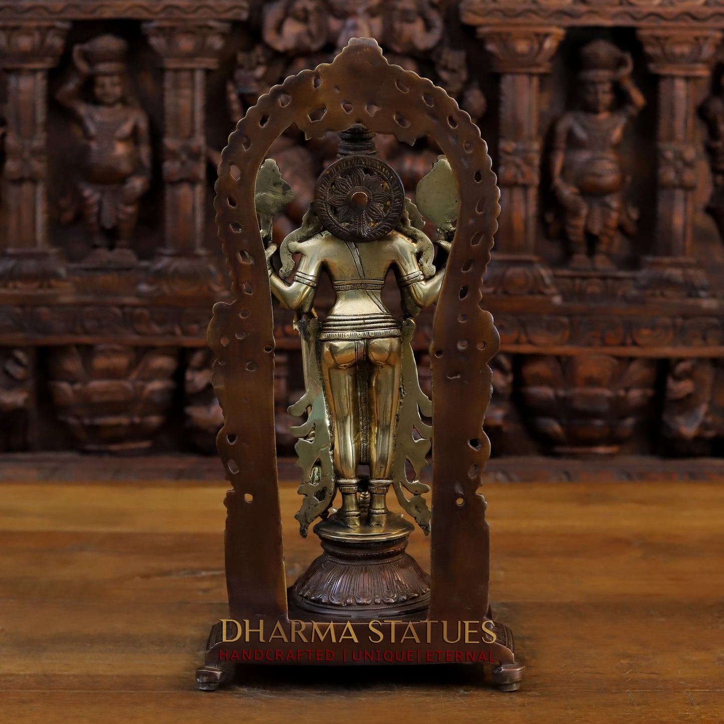 Brass Vishnu and Lakshmi Standing in Frame with Elephants & Garuda at the Pedestal, Copper and Gold, 16"