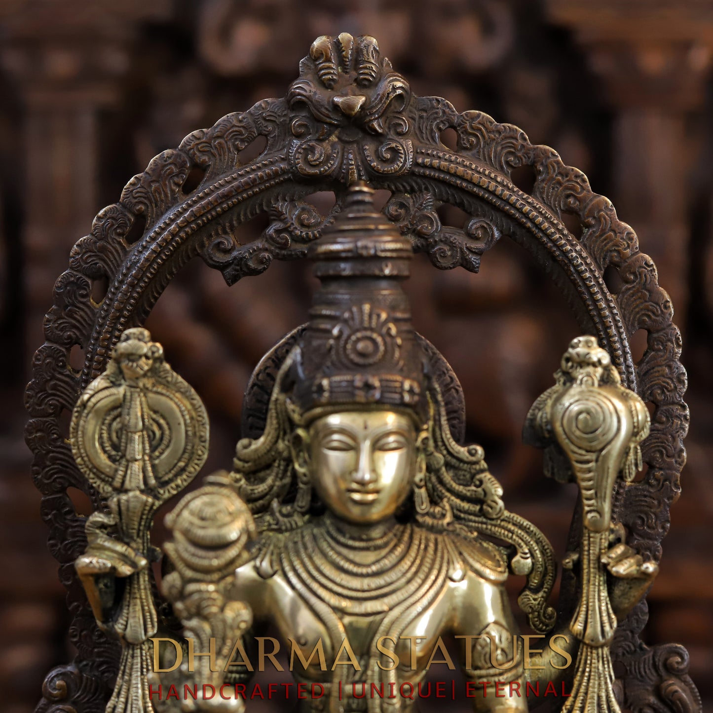 Brass Lakshmi with Shree Garuda at the Pedestal, Golden & Copper Finish, 16"