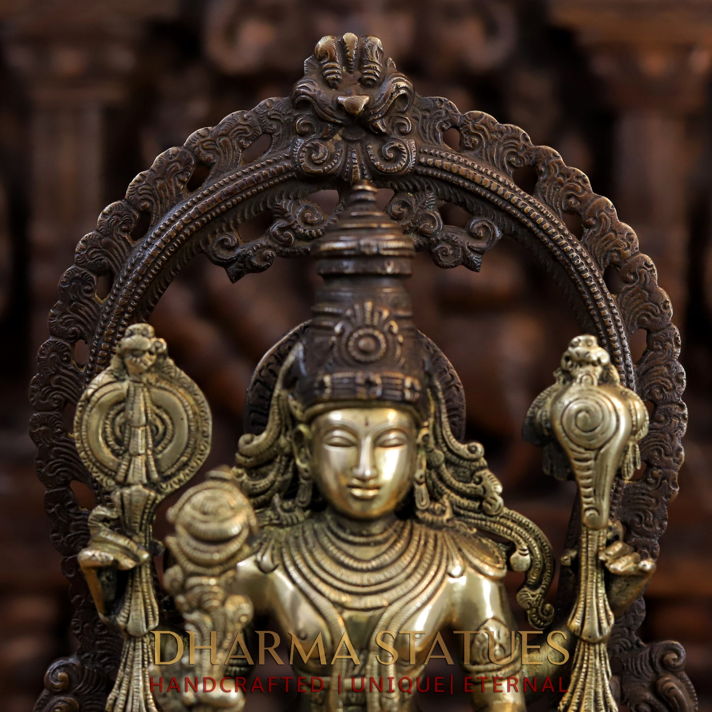 Brass Vishnu and Lakshmi Standing in Frame with Elephants & Garuda at the Pedestal, Copper and Gold, 16"