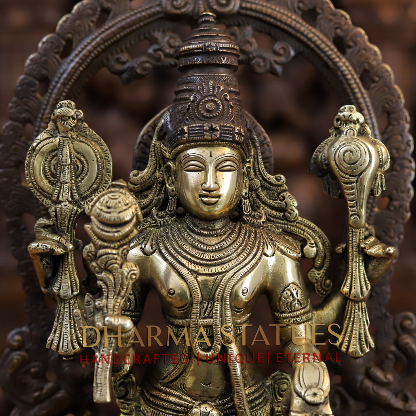 Brass Lakshmi with Shree Garuda at the Pedestal, Golden & Copper Finish, 16"