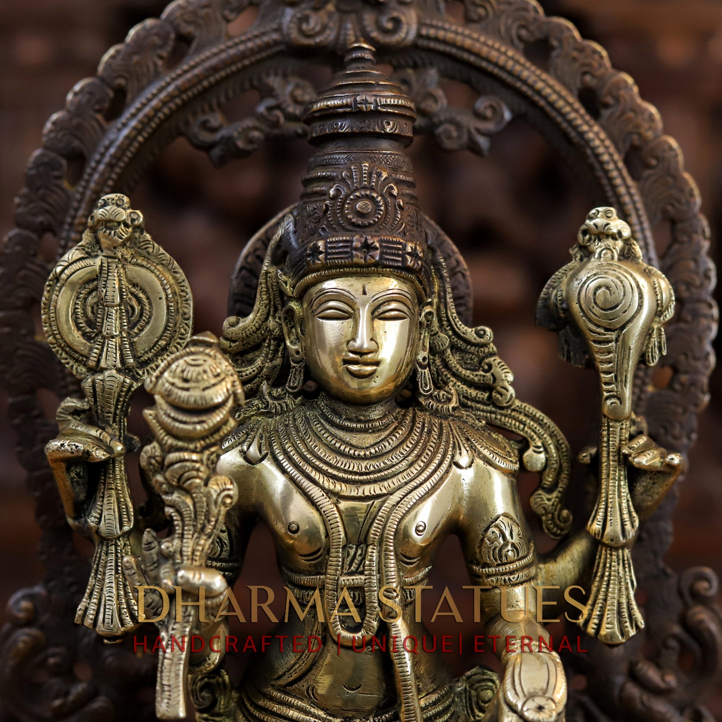 Brass Vishnu and Lakshmi Standing in Frame with Elephants & Garuda at the Pedestal, Copper and Gold, 16"