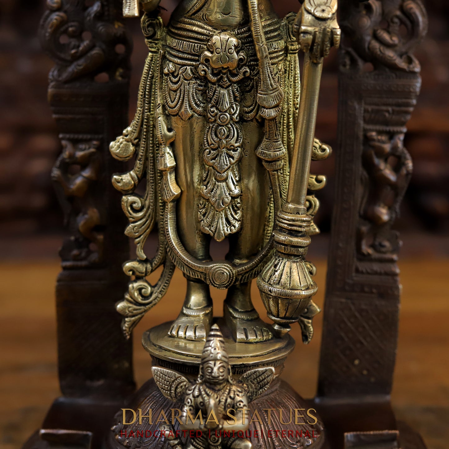 Brass Vishnu and Lakshmi Standing in Frame with Elephants & Garuda at the Pedestal, Copper and Gold, 16"