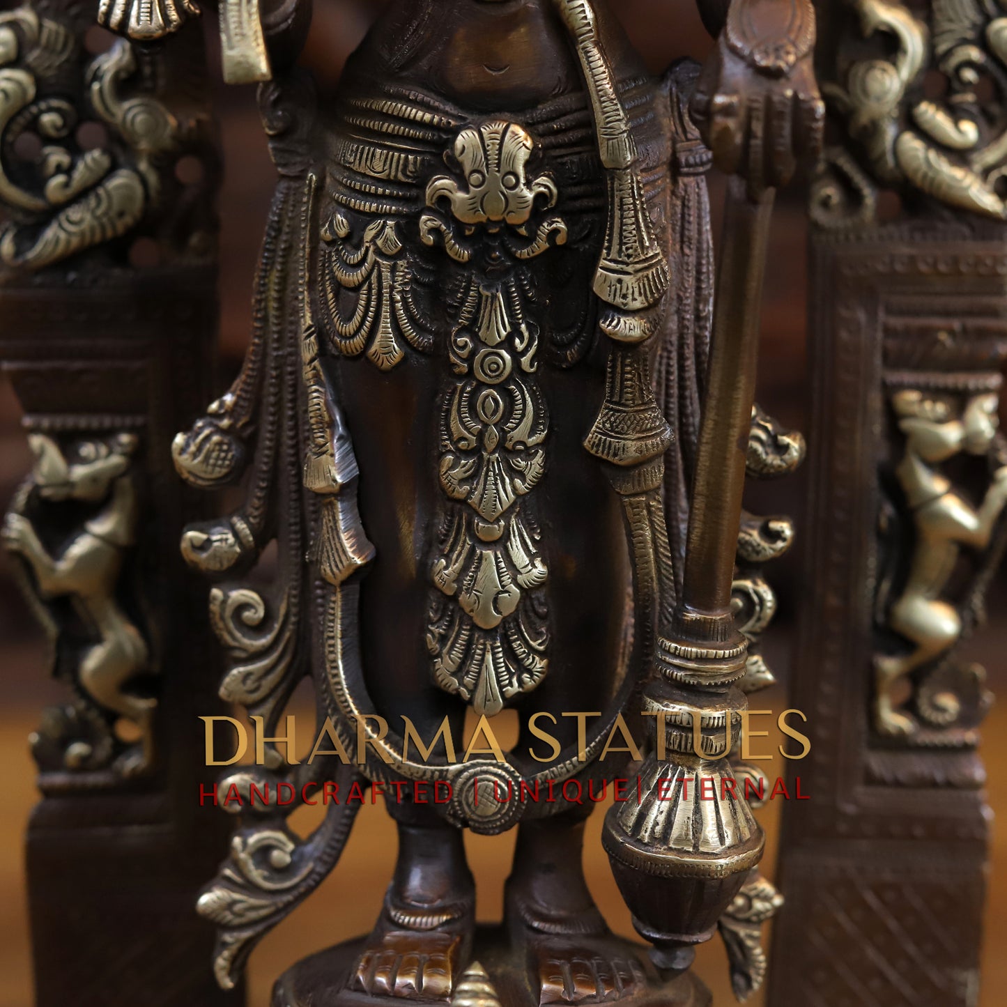 Brass Lakshmi Standing with Shree Garuda at the Pedestal, Golden & Copper Finish, 16"