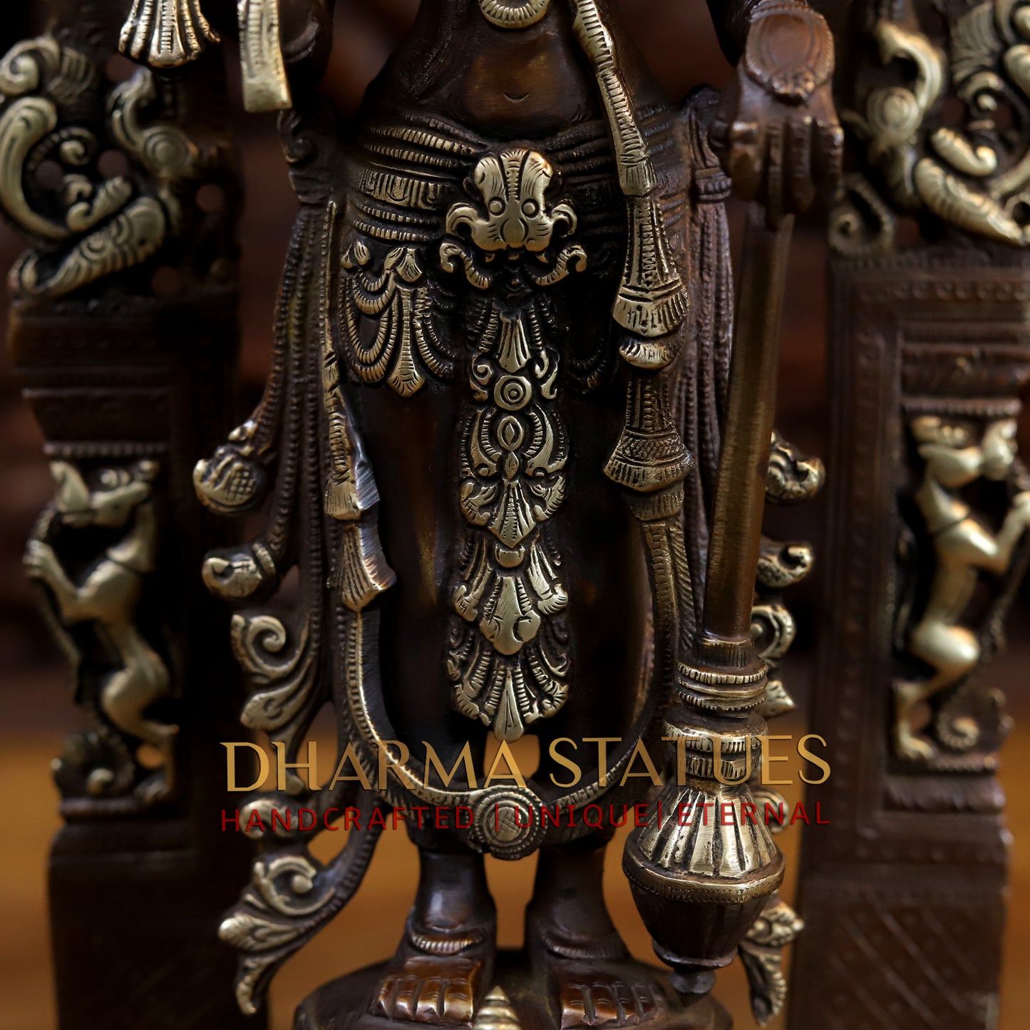 Brass Vishnu and Lakshmi Standing in Frame with Elephants & Garuda at the Pedestal, Copper and Gold, 16.5"