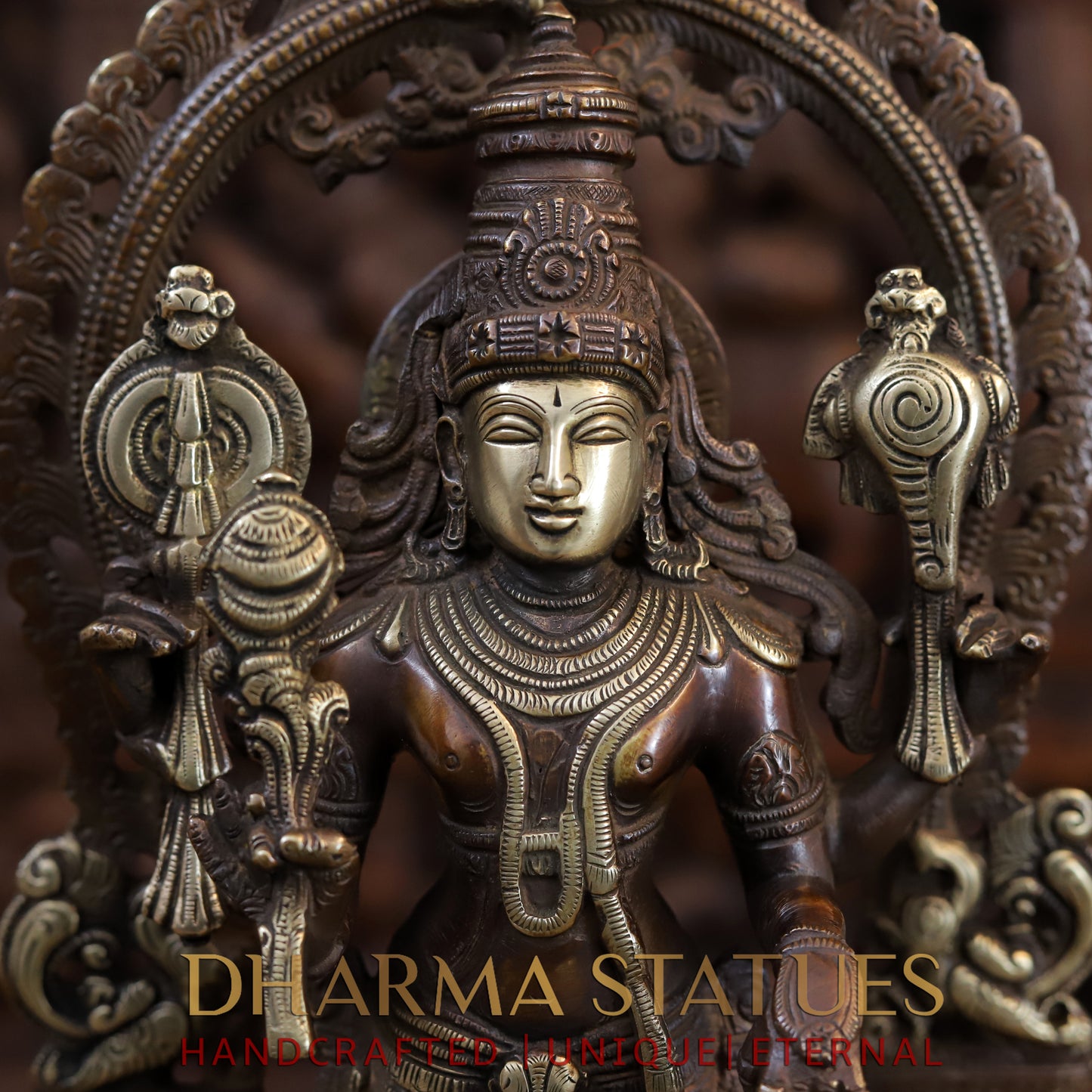 Brass Lakshmi Standing with Shree Garuda at the Pedestal, Golden & Copper Finish, 16"