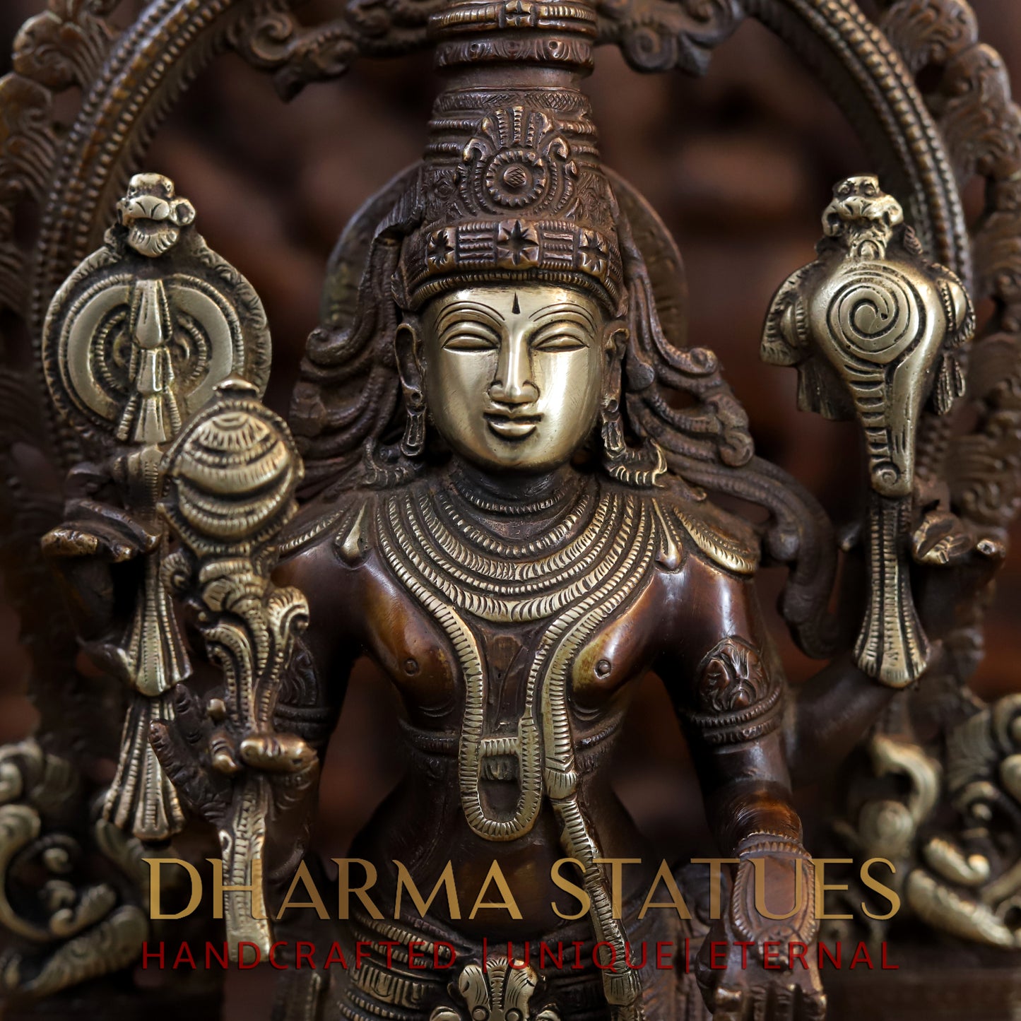 Brass Vishnu and Lakshmi Standing in Frame with Elephants & Garuda at the Pedestal, Copper and Gold, 16.5"