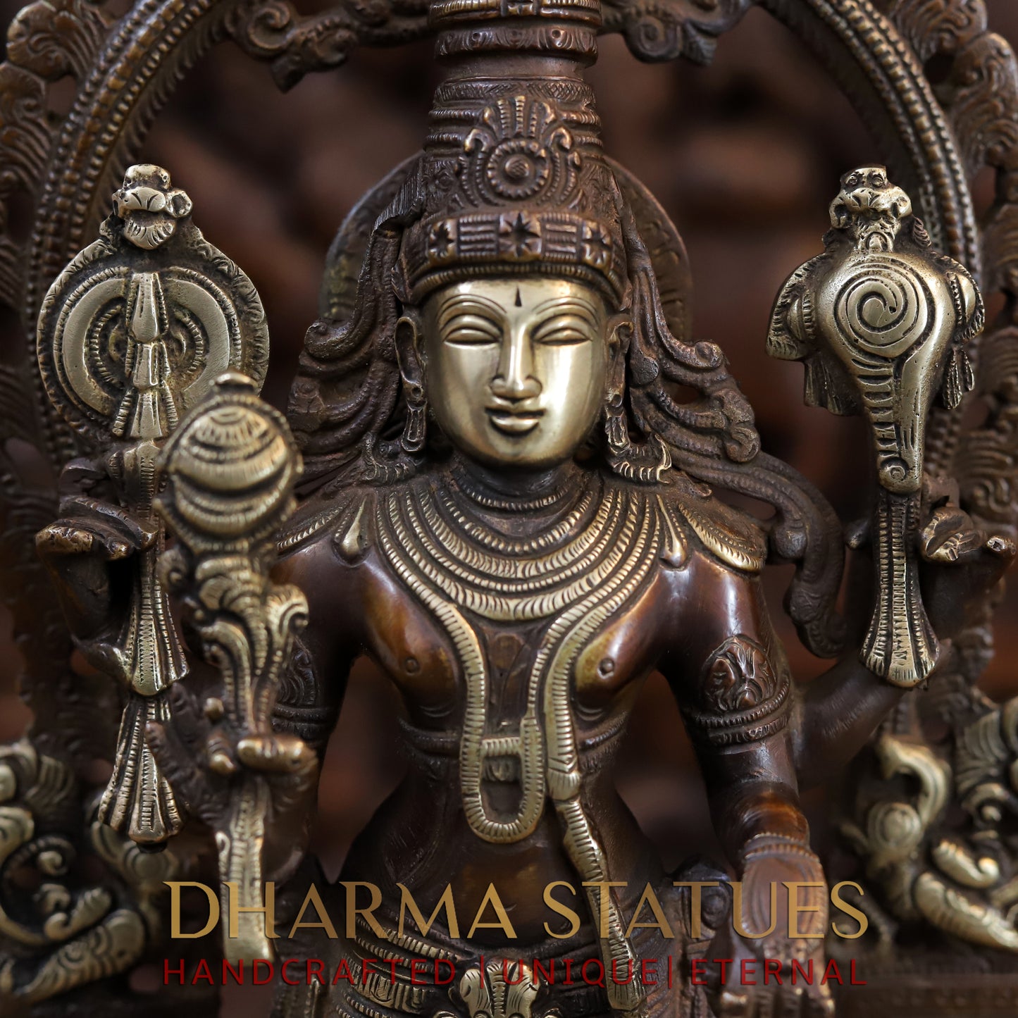 Brass Lakshmi Standing with Shree Garuda at the Pedestal, Golden & Copper Finish, 16"