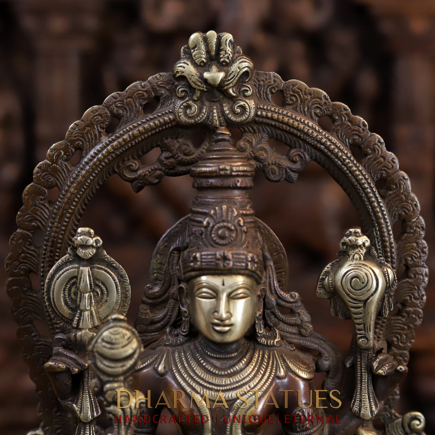 Brass Lakshmi Standing with Shree Garuda at the Pedestal, Golden & Copper Finish, 16"