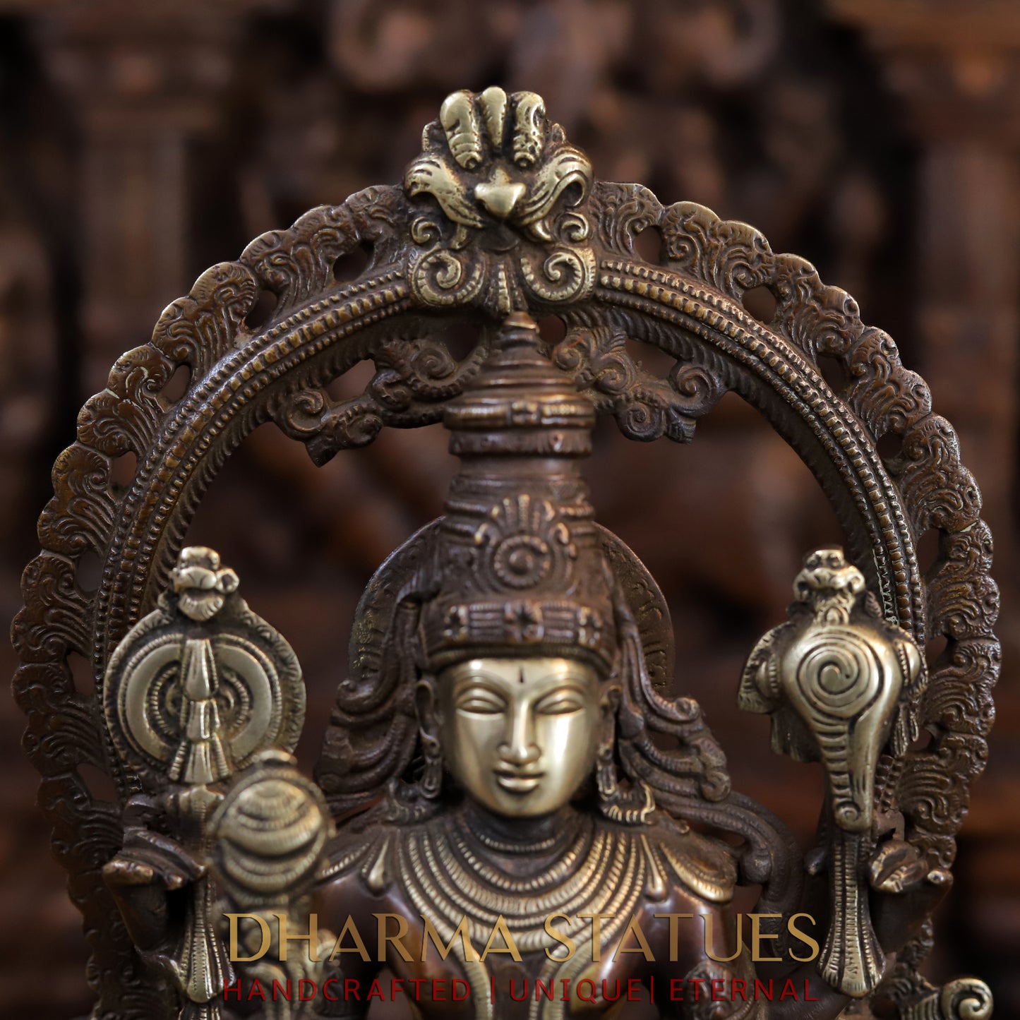Brass Lakshmi Standing with Shree Garuda at the Pedestal, Golden & Copper Finish, 16"