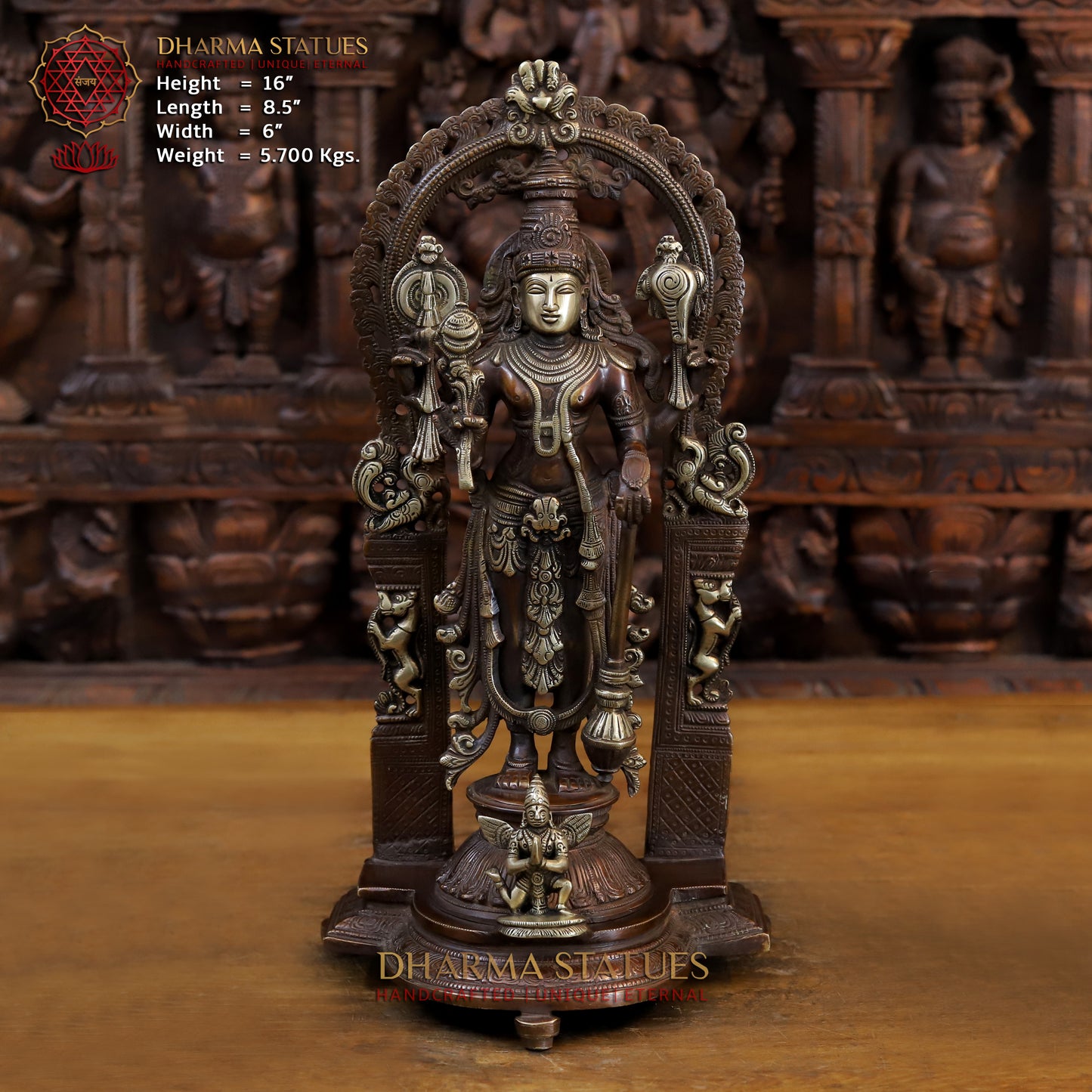 Brass Lakshmi Standing with Shree Garuda at the Pedestal, Golden & Copper Finish, 16"
