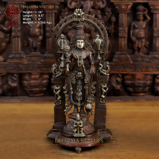 Brass Lakshmi Standing with Shree Garuda at the Pedestal, Golden & Copper Finish, 16"