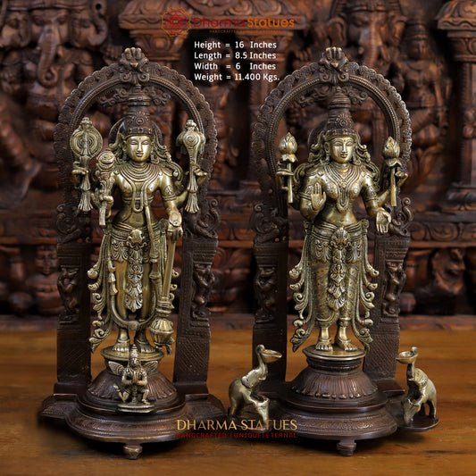 Brass Vishnu and Lakshmi Standing in Frame with Elephants & Garuda at the Pedestal, Copper and Gold, 16"