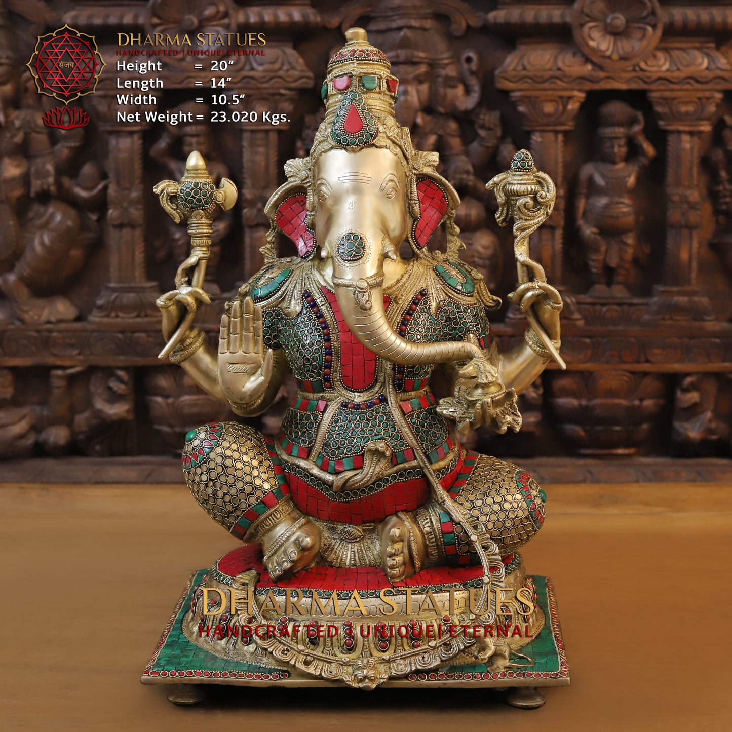 Brass Ganesh seated in Blessing Posture, Stonework & Golden Finish, 20"