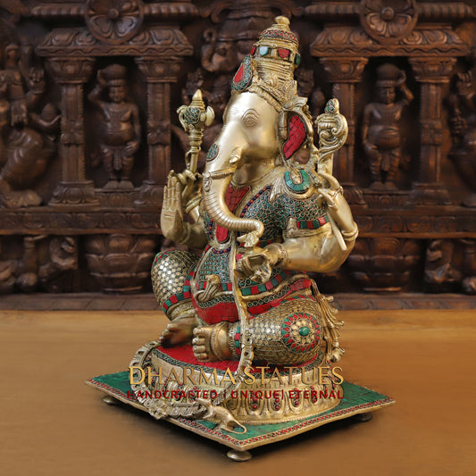 Brass Ganesh seated in Blessing Posture, Stonework & Golden Finish, 20"