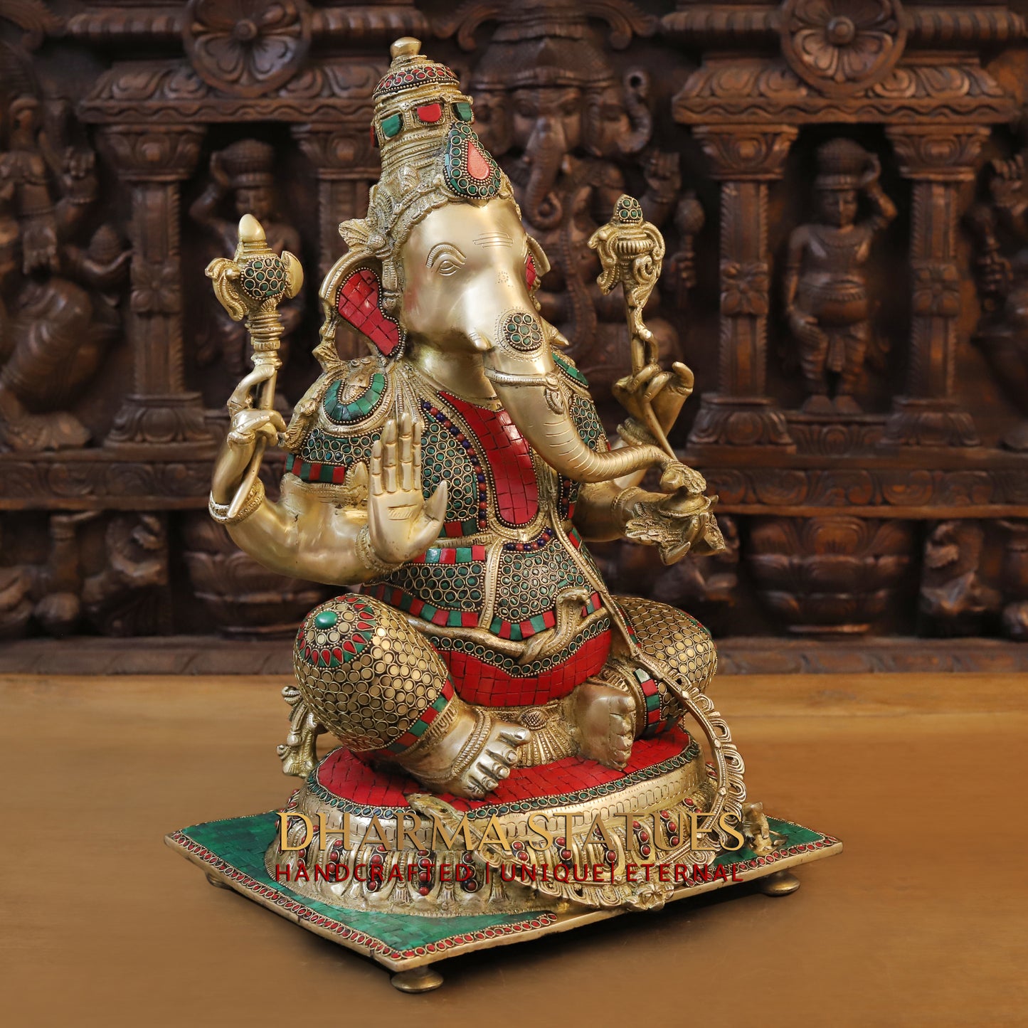 Brass Ganesh seated in Blessing Posture, Stonework & Golden Finish, 20"