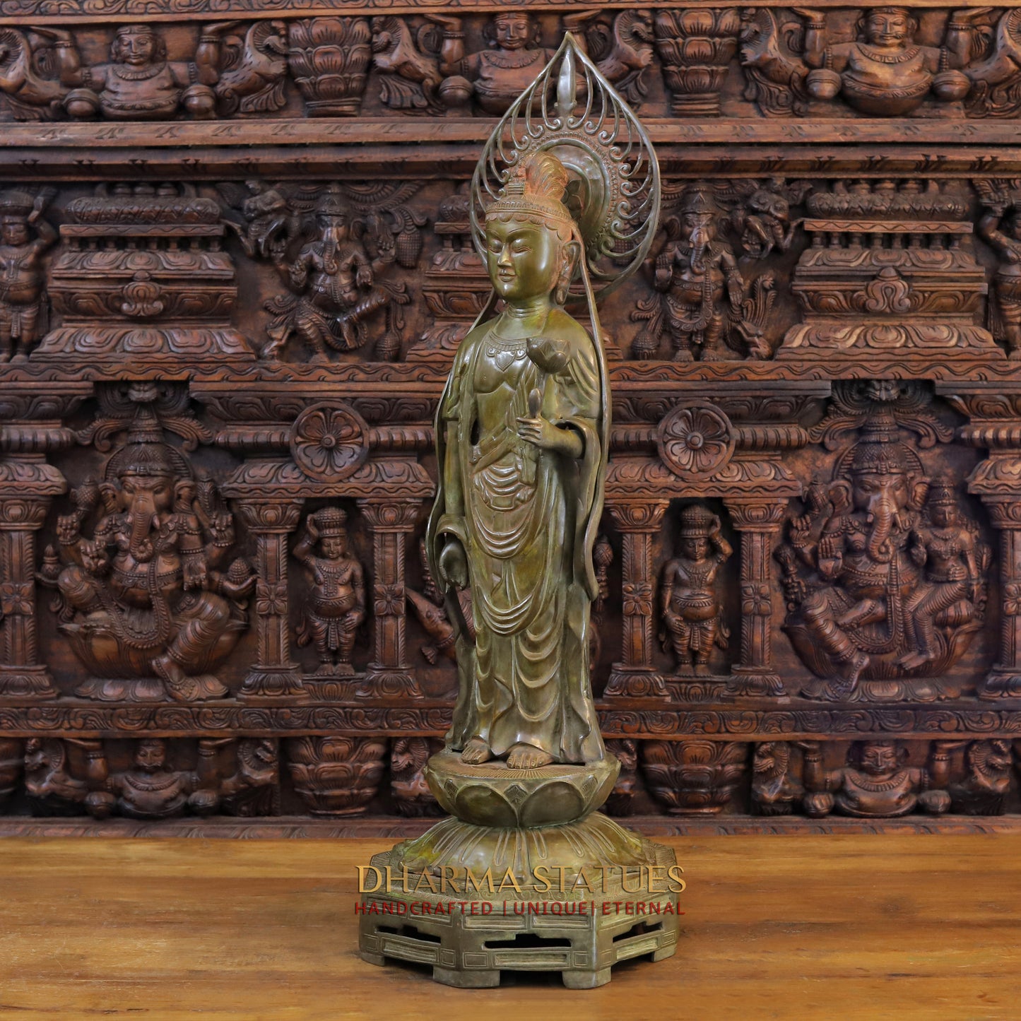 Brass Japanese Buddha Standing on Frame, Patina Green, 39"