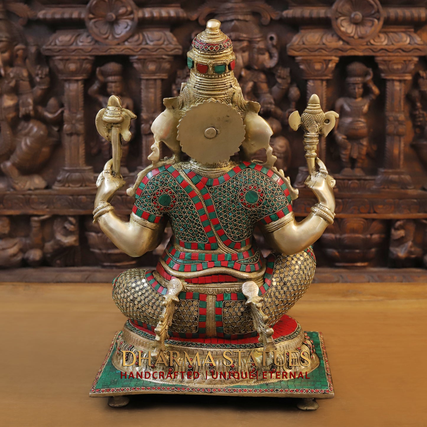 Brass Ganesh seated in Blessing Posture, Stonework & Golden Finish, 20"