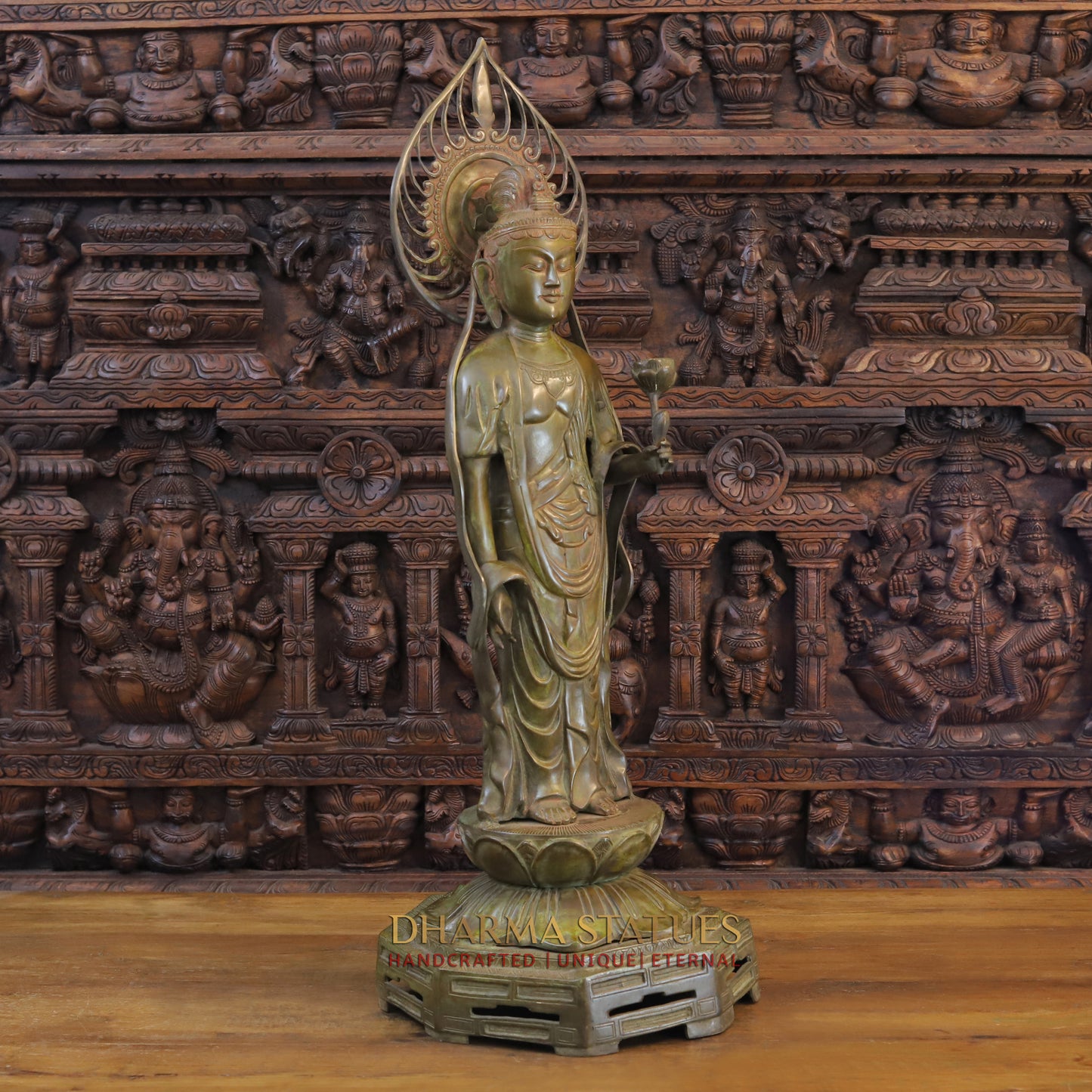 Brass Japanese Buddha Standing on Frame, Patina Green, 39"