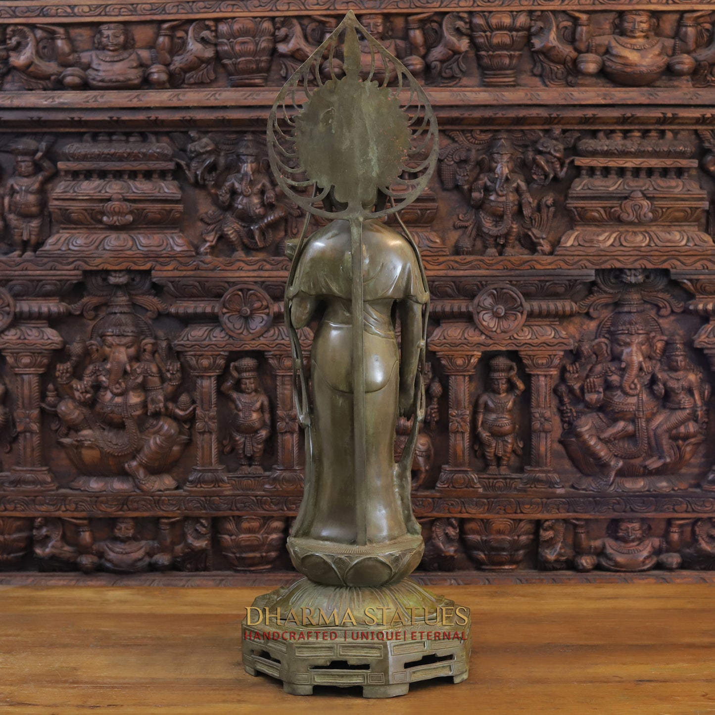Brass Japanese Buddha Standing on Frame, Patina Green, 39"