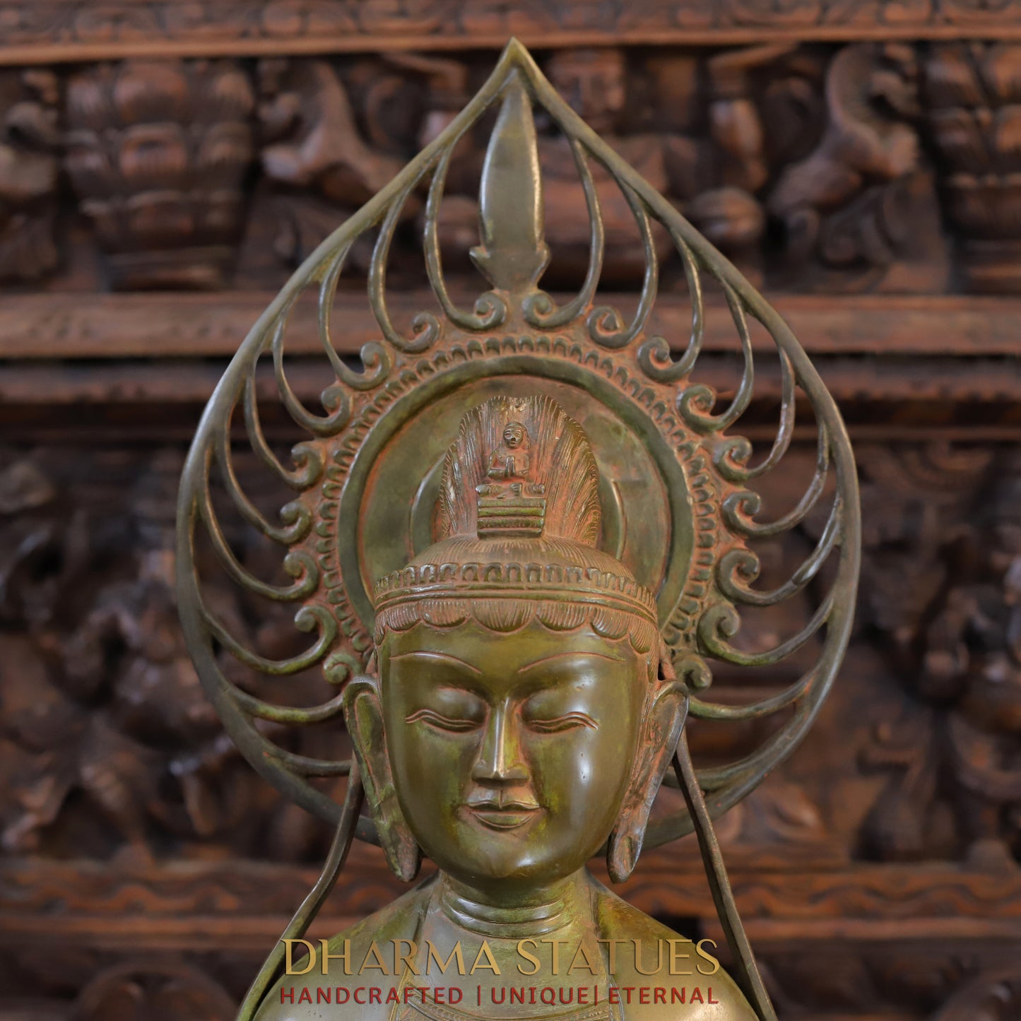 Brass Japanese Buddha Standing on Frame, Patina Green, 39"