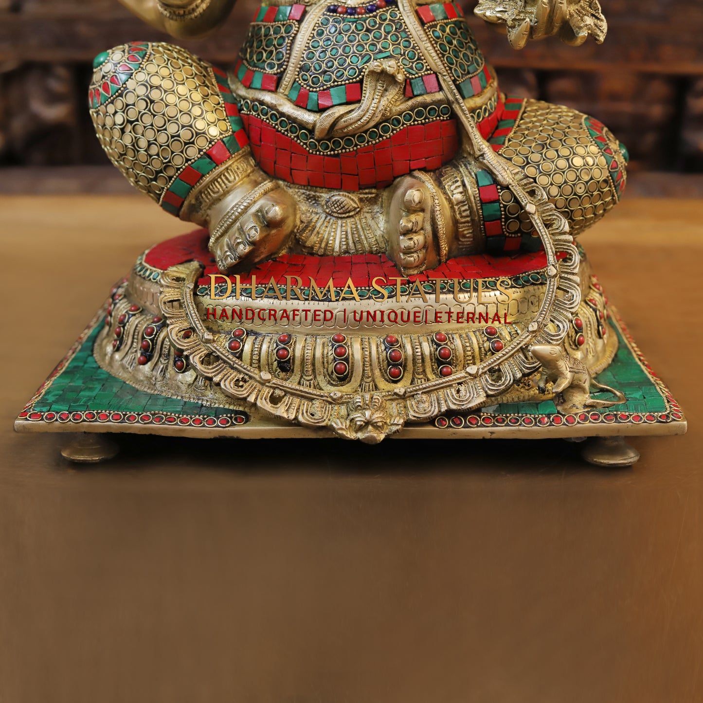 Brass Ganesh seated in Blessing Posture, Stonework & Golden Finish, 20"