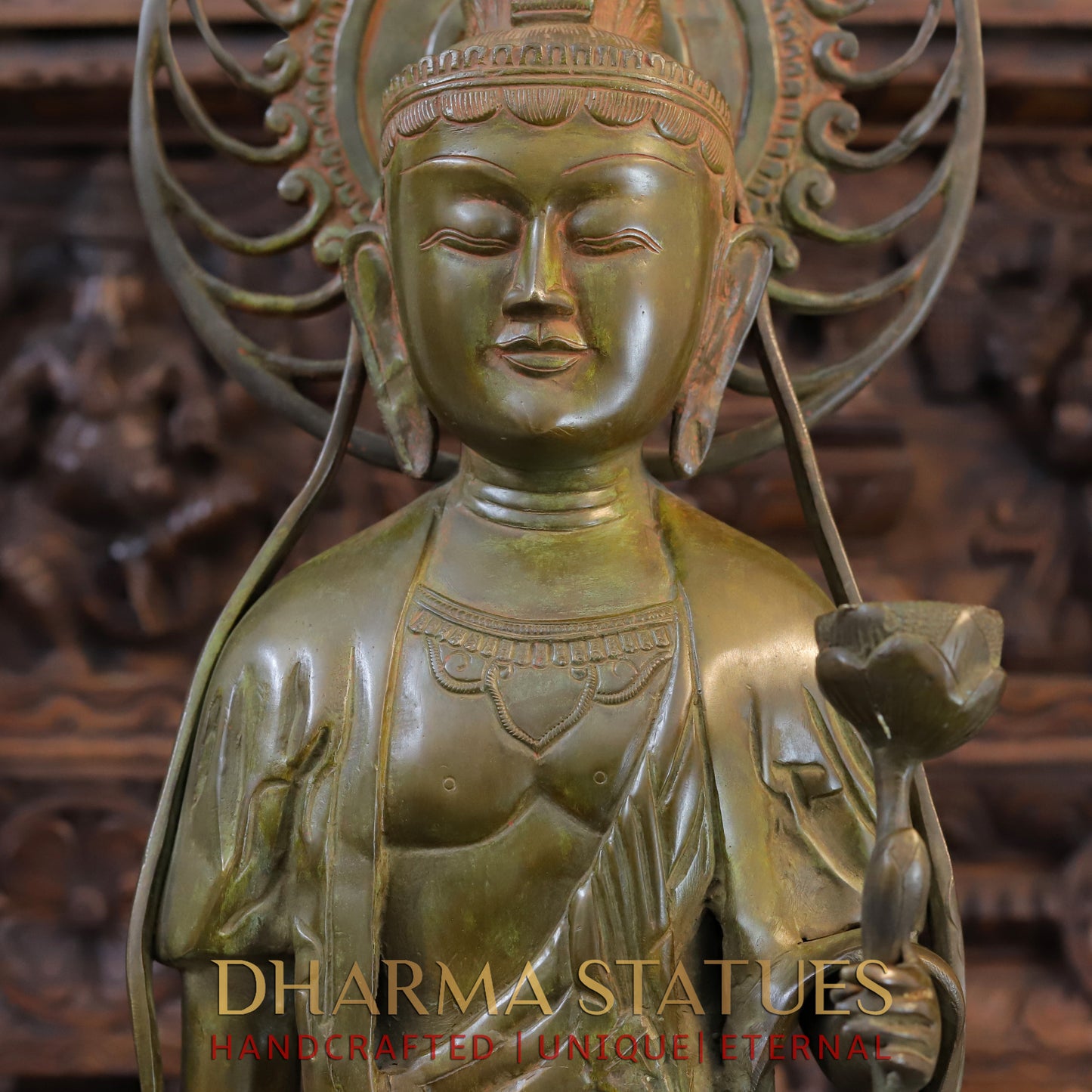 Brass Japanese Buddha Standing on Frame, Patina Green, 39"