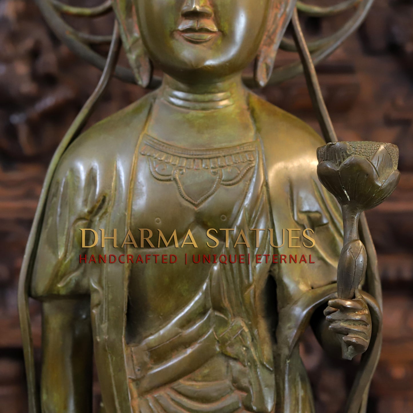 Brass Japanese Buddha Standing on Frame, Patina Green, 39"