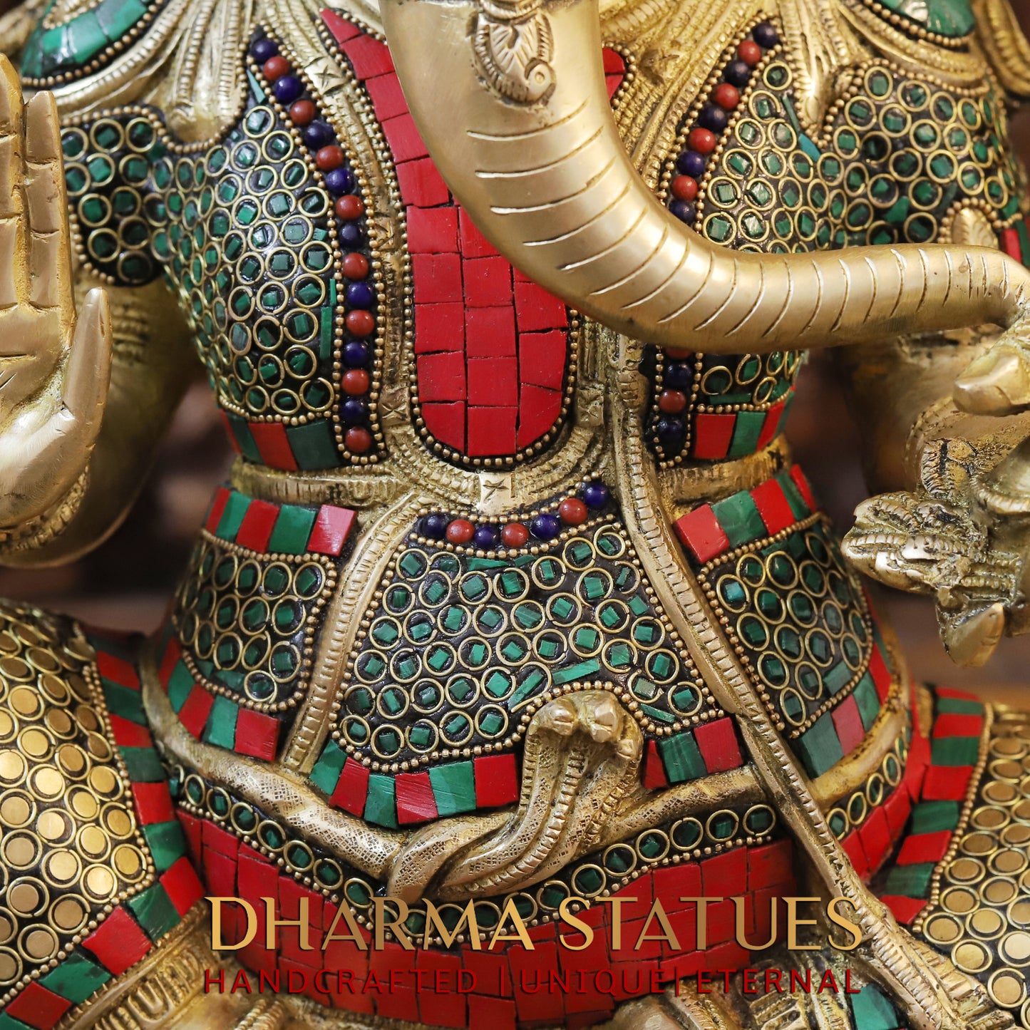 Brass Ganesh seated in Blessing Posture, Stonework & Golden Finish, 20"