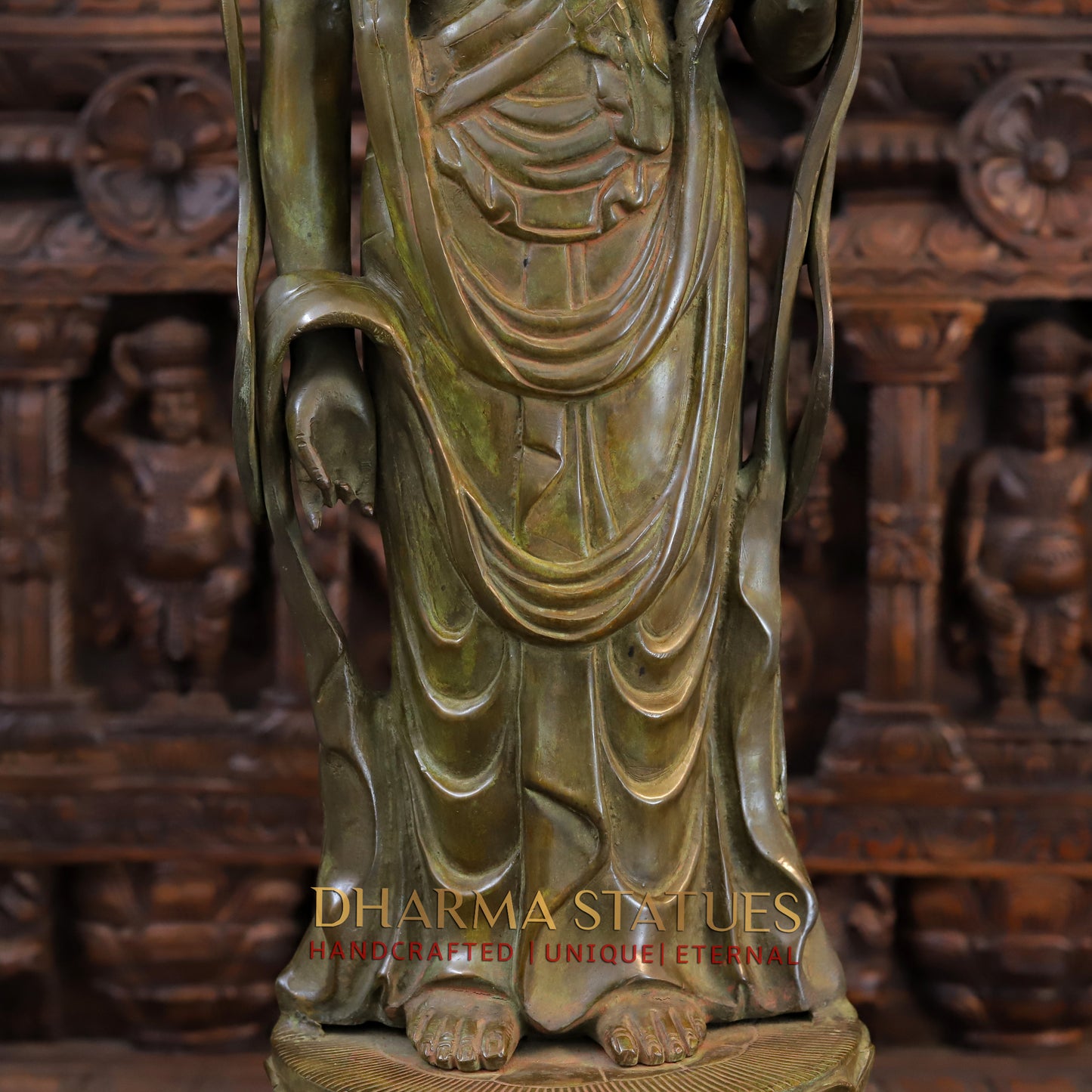 Brass Japanese Buddha Standing on Frame, Patina Green, 39"
