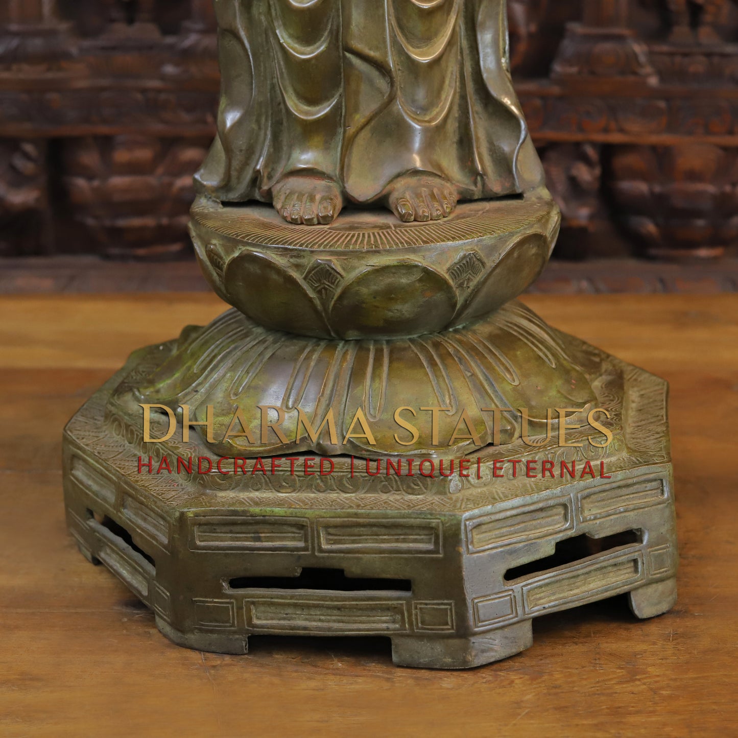 Brass Japanese Buddha Standing on Frame, Patina Green, 39"