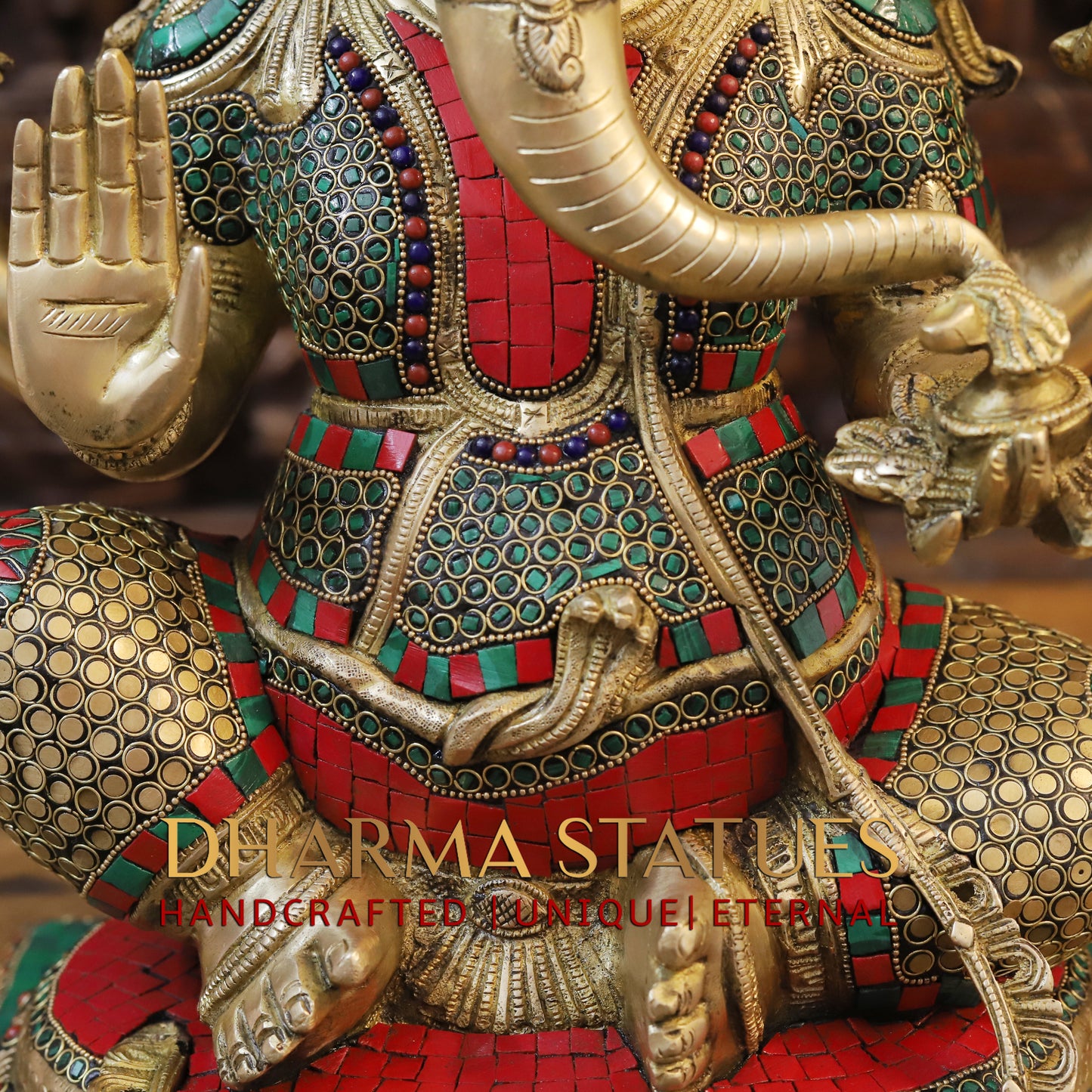 Brass Ganesh seated in Blessing Posture, Stonework & Golden Finish, 20"