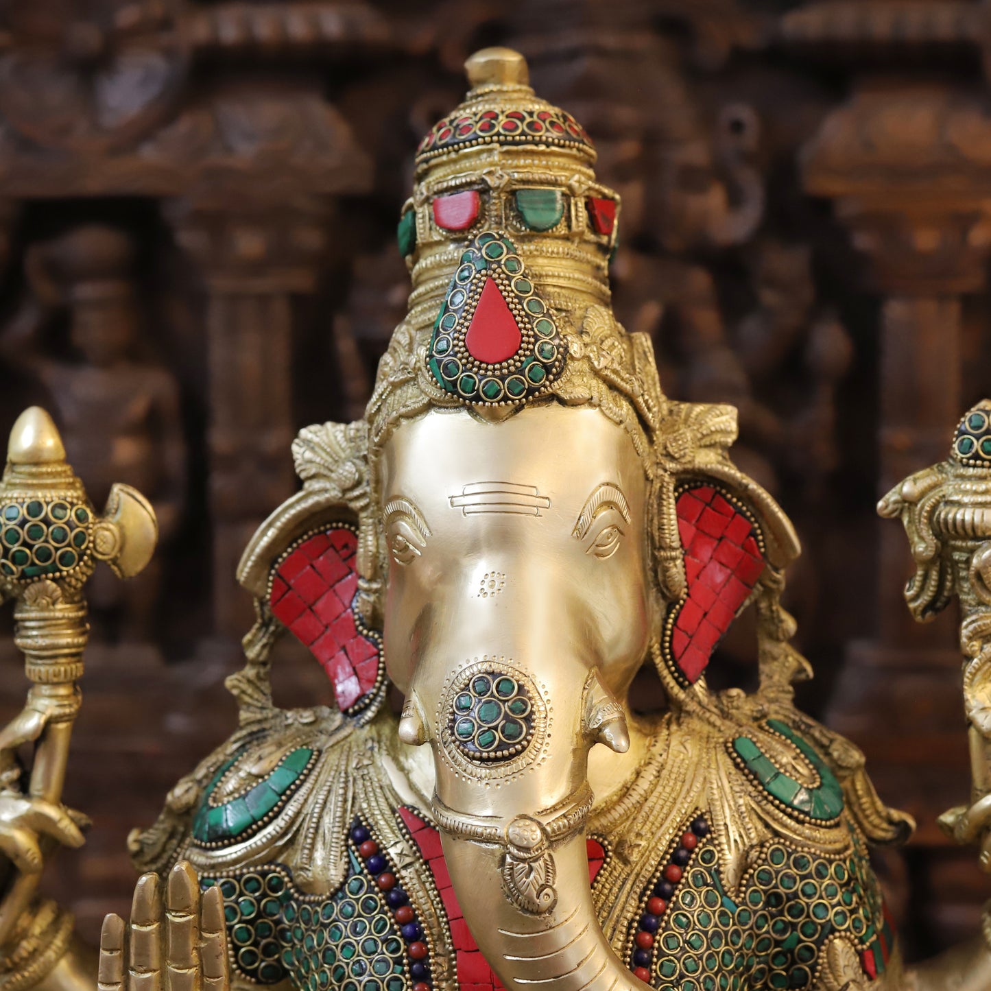 Brass Ganesh seated in Blessing Posture, Stonework & Golden Finish, 20"
