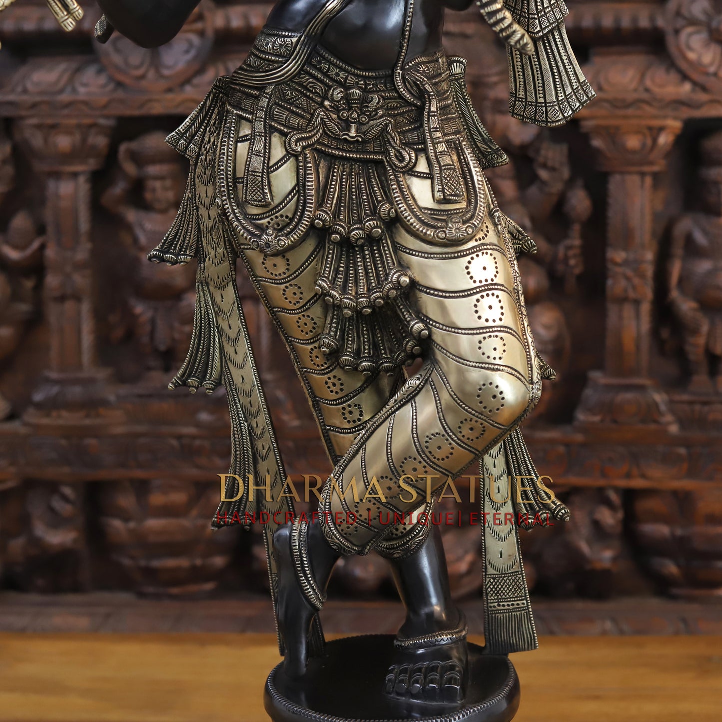 Brass Krishna Playing Flute, Black Patina and Golden Finish, 35"