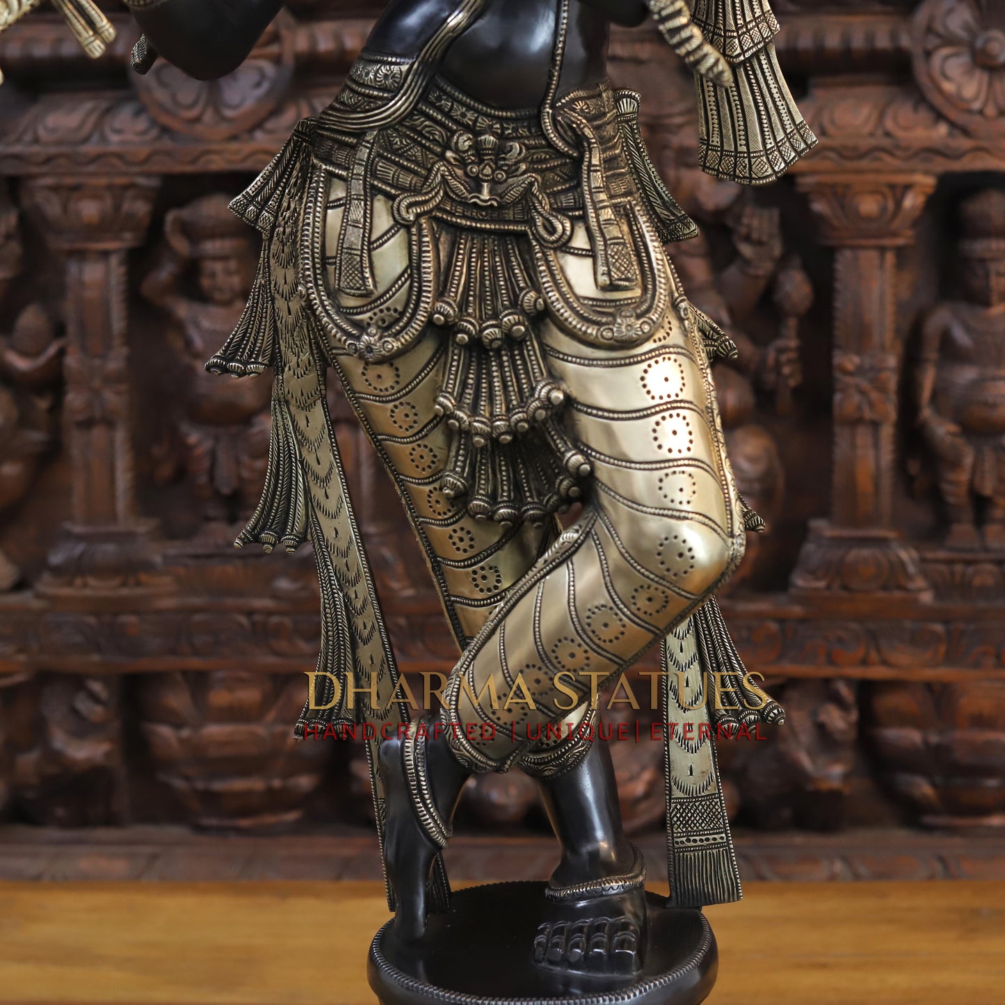 Brass Krishna Playing Flute, Black Patina and Golden Finish, 35"