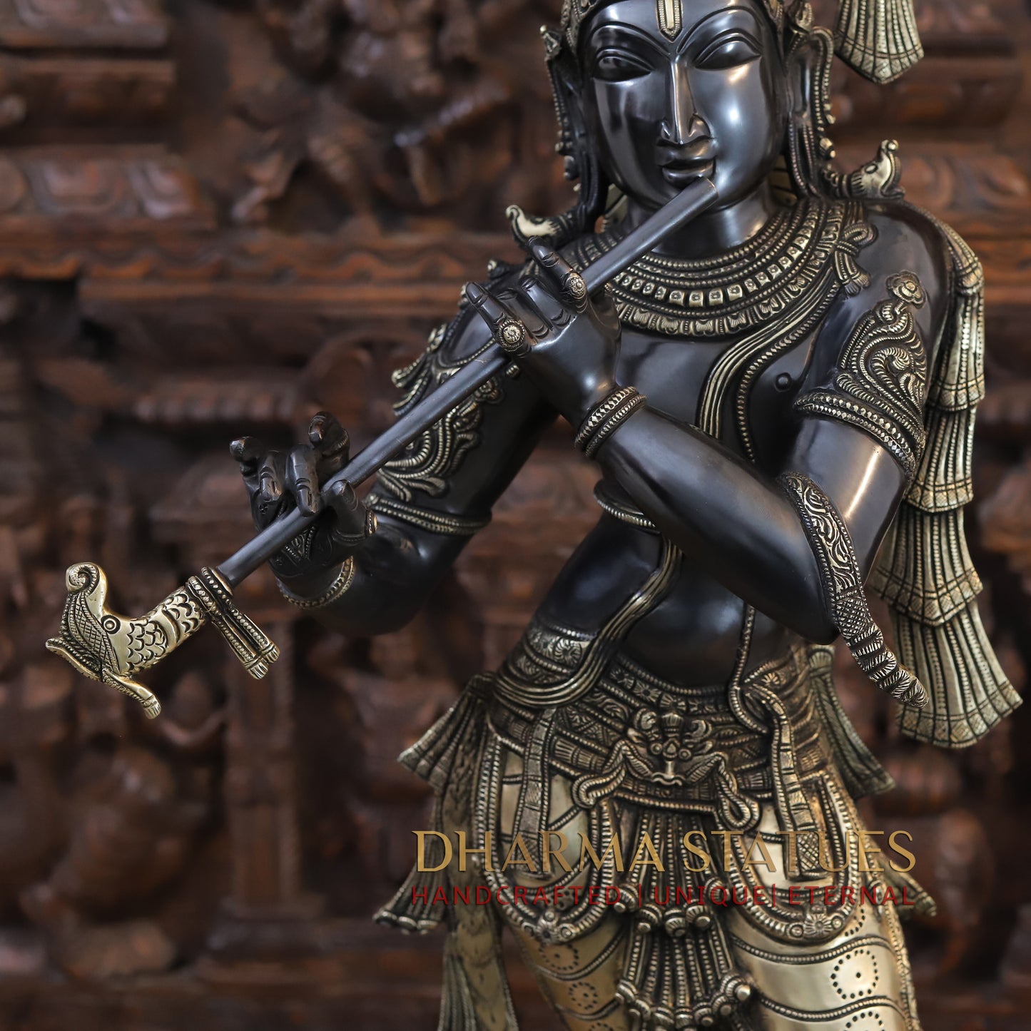 Brass Krishna Playing Flute, Black Patina and Golden Finish, 35"