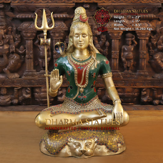 Brass Shiva seated in Blessing Posture, Stonework & Golden Finish, 23"