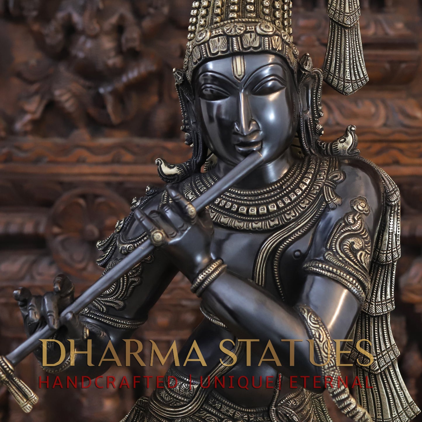Brass Krishna Playing Flute, Black Patina and Golden Finish, 35"