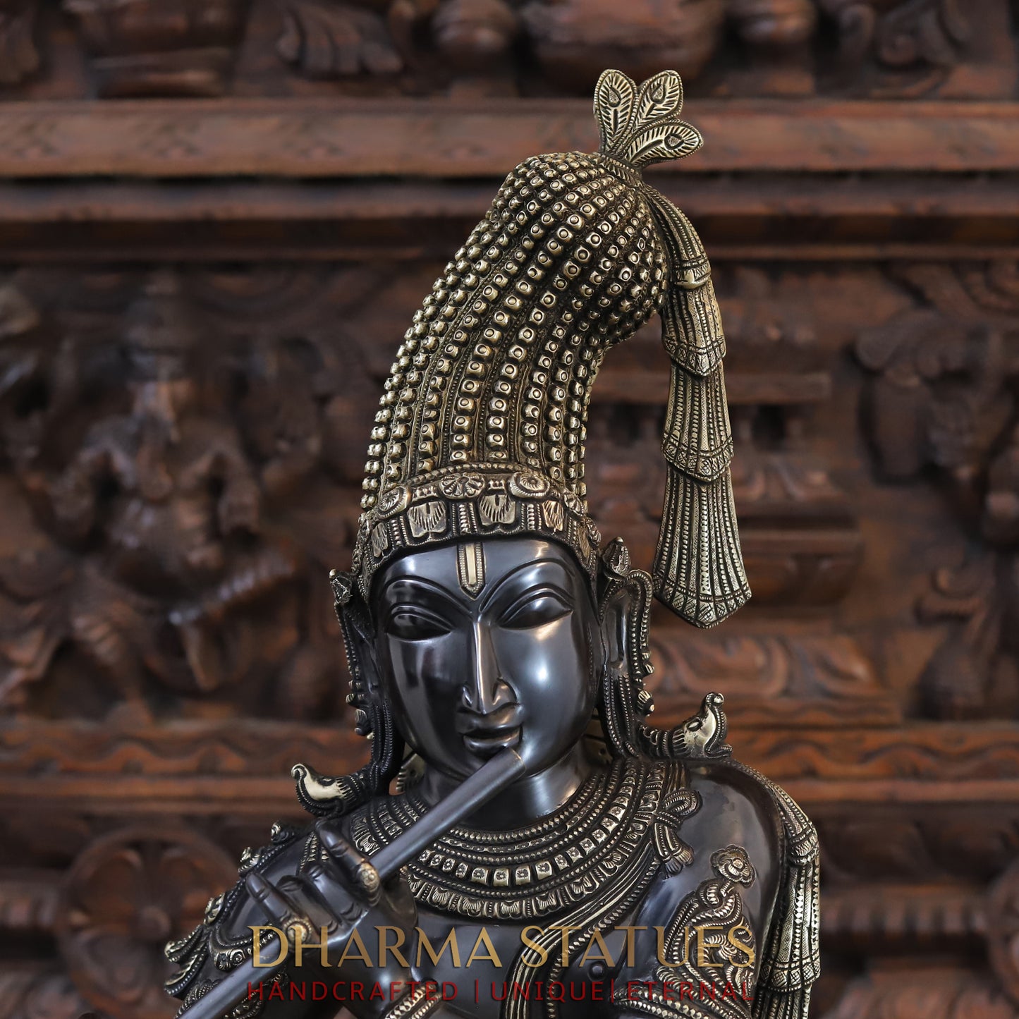 Brass Krishna Playing Flute, Black Patina and Golden Finish, 35"