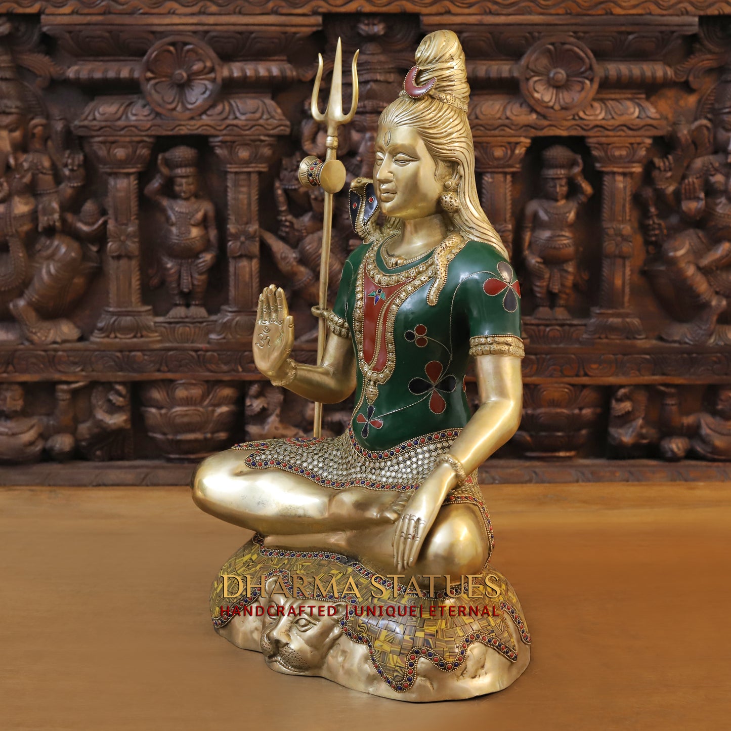 Brass Shiva seated in Blessing Posture, Stonework & Golden Finish, 23"