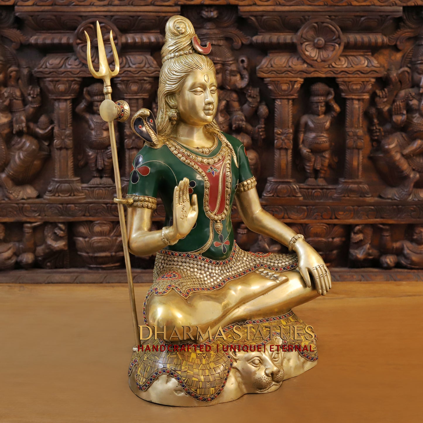 Brass Shiva seated in Blessing Posture, Stonework & Golden Finish, 23"