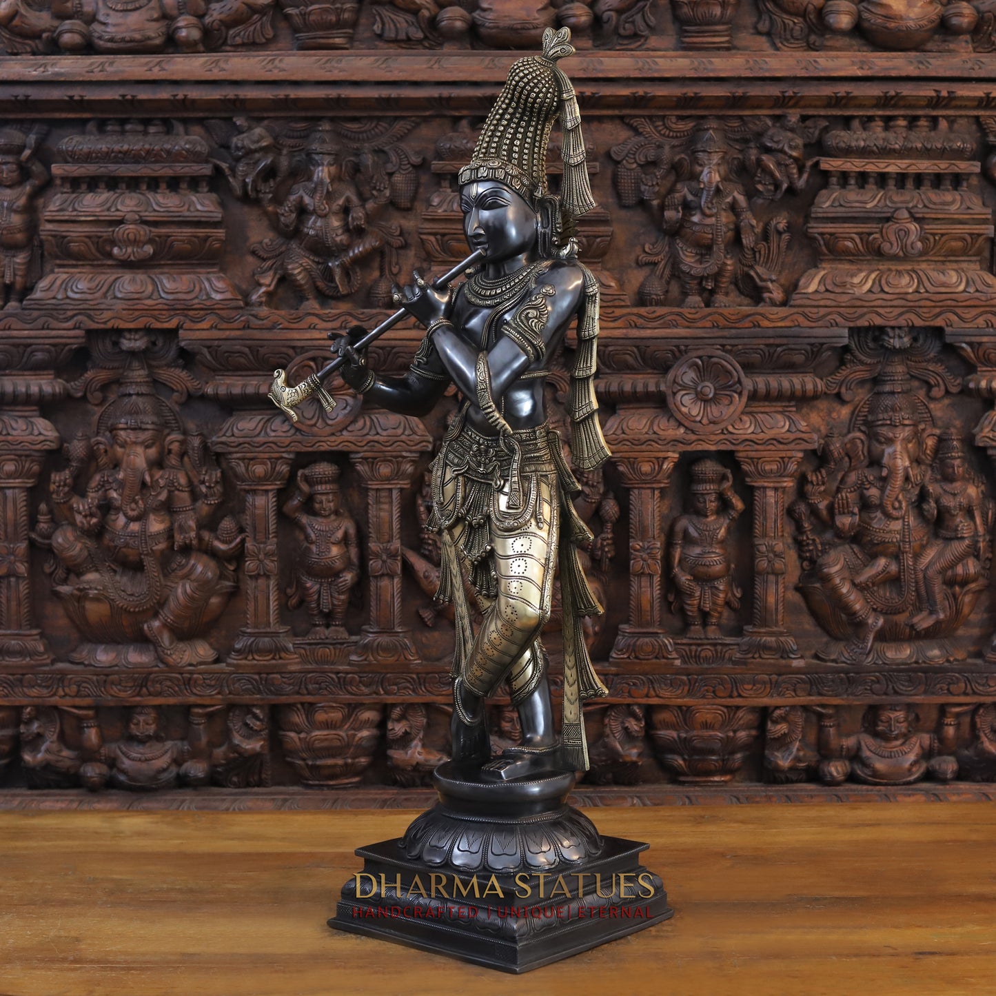 Brass Krishna Playing Flute, Black Patina and Golden Finish, 35"