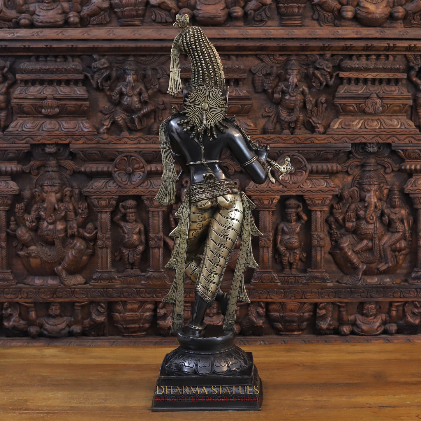 Brass Krishna Playing Flute, Black Patina and Golden Finish, 35"