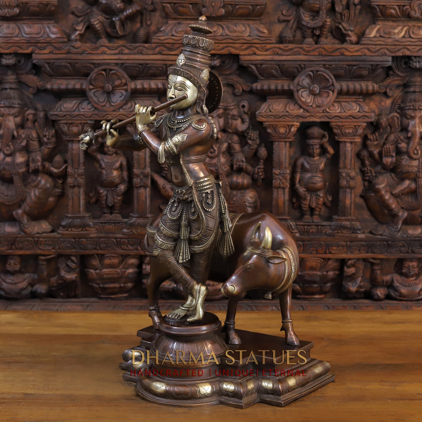 Brass Krishna Playing Flute with Nandi Cow on a Pedestal, Copper & Gold Finish, 26"
