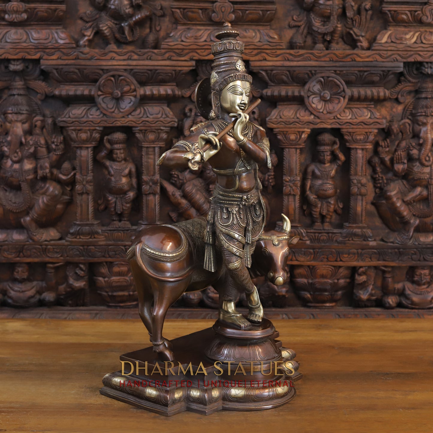 Brass Krishna Playing Flute with Nandi Cow on a Pedestal, Copper & Gold Finish, 26"
