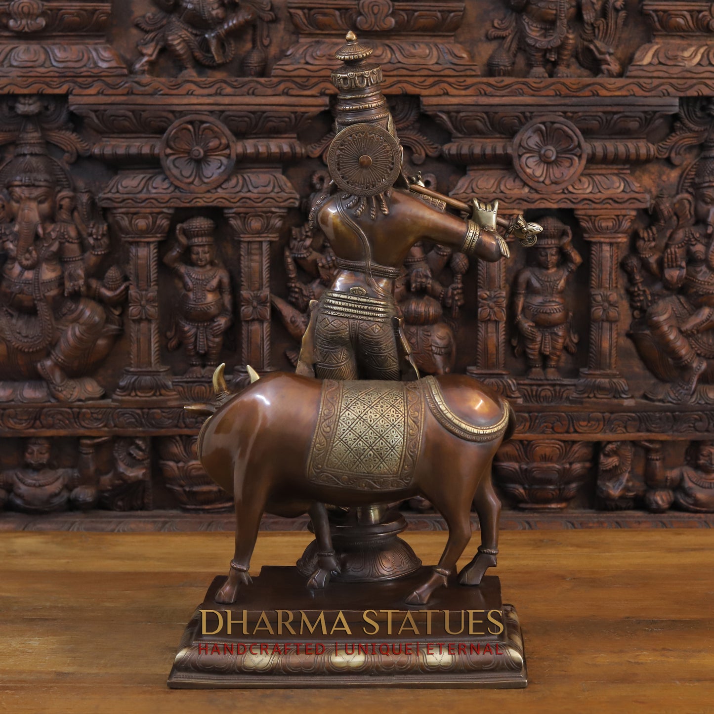 Brass Krishna Playing Flute with Nandi Cow on a Pedestal, Copper & Gold Finish, 26"