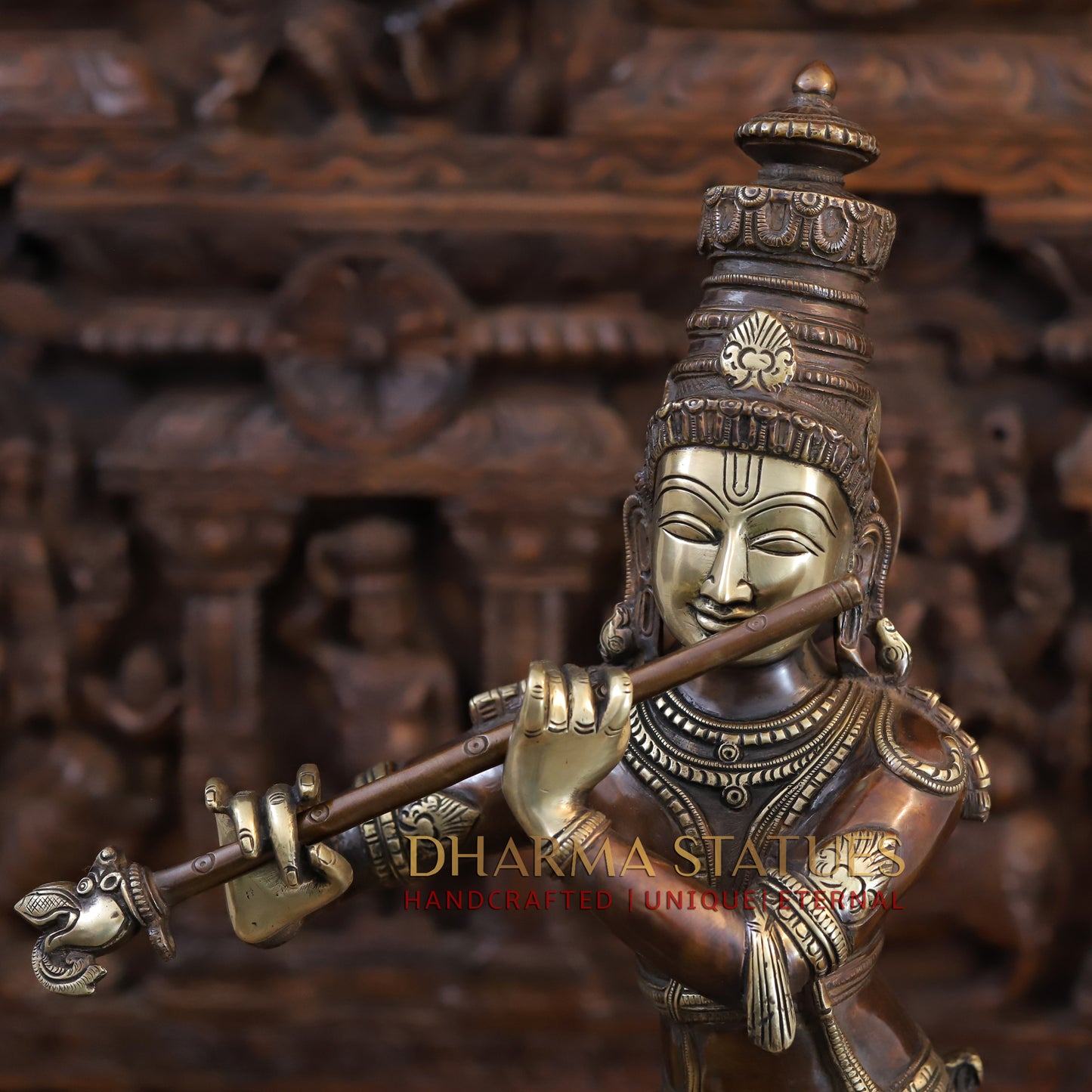Brass Krishna Playing Flute with Nandi Cow on a Pedestal, Copper & Gold Finish, 26"