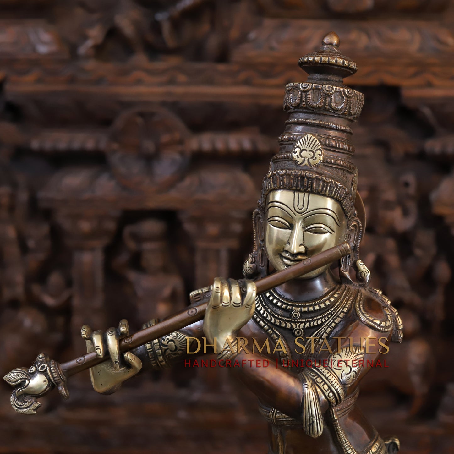 Brass Krishna Playing Flute with Nandi Cow on a Pedestal, Copper & Gold Finish, 26"