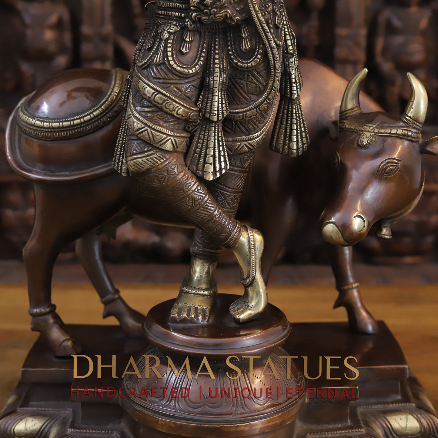 Brass Krishna Playing Flute with Nandi Cow on a Pedestal, Copper & Gold Finish, 26"